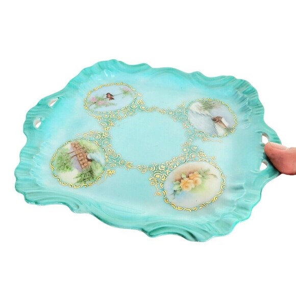 Vintage MCM Hand Painted Gold Victorian Trinket Dish Vanity Tray Signed 9" x 7" - Picture 1 of 7